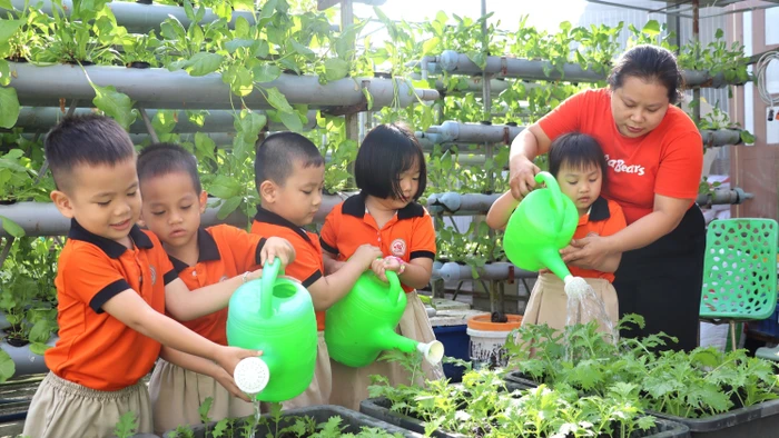 Trường Mầm non Hạnh Phúc, Cà Mau dạy trẻ kỹ năng sống. Ảnh: QM