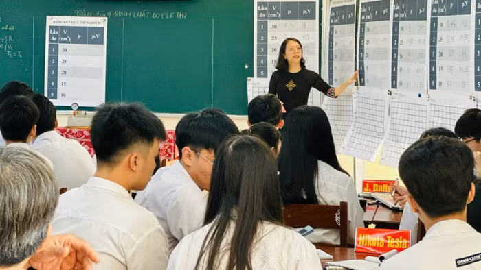 Cô Phạm Nguyễn Trang Ngân và học trò Trường THPT A Lưới trong giờ học môn Vật lí. Ảnh: NVCC