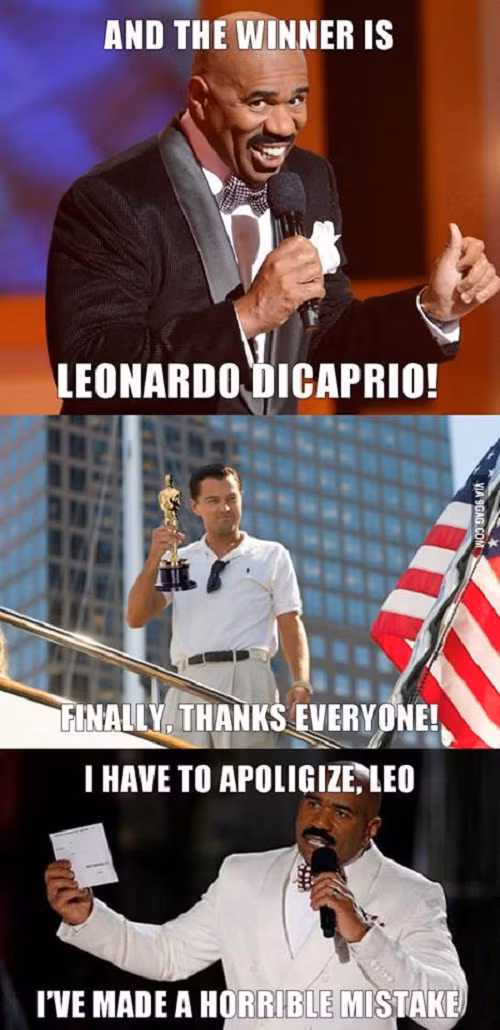 Kịch bản tệ nhất cho Leonardo DiCaprio là MC Steve Harvey tái hiện lại sự cố trao nhầm vương miện.