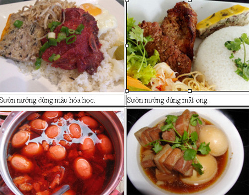 Sự khác biệt của thực phẩm khi dùng màu tự nhiên và phẩm màu nhân tạo. Ảnh: Nguyễn Anh Thư. Sự khác biệt của thực phẩm khi dùng màu tự nhiên và phẩm màu nhân tạo.  Ảnh: Nguyễn Anh Thư.