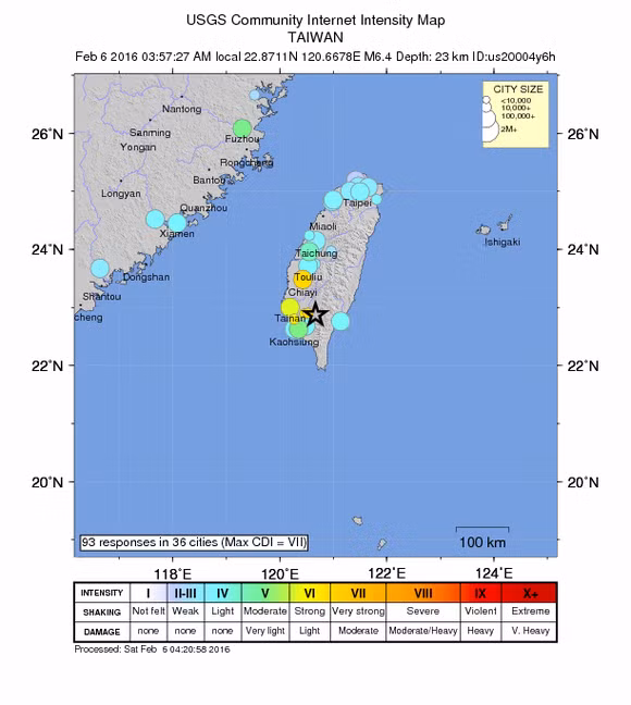  Bản đồ những vùng bị ảnh hưởng bởi động đất. 