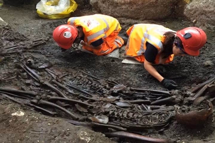 Các bộ xương người được khai quật ở nghĩa trang Bedlam vào tháng 7/2015