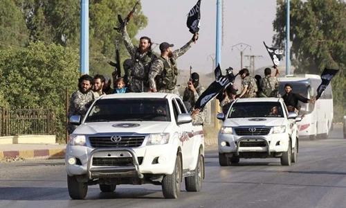 IS dùng xe Toyota diễu hành qua đường phố Raqqa, Syria, hồi tháng 6 năm ngoái. Ảnh: NBC News