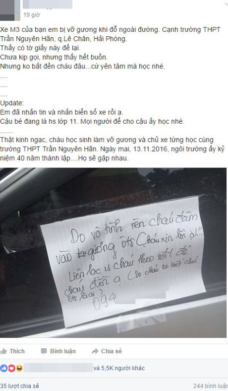 Học sinh lớp 11 đâm vỡ gương Mazda3 để lại lời nhắn cho chủ xe gây sốt mạng xã hội - Ảnh 2 Hoc sinh lop 11 dam vo guong Mazda3 de lai loi nhan cho chu xe gay sot mang xa hoi - Anh 2