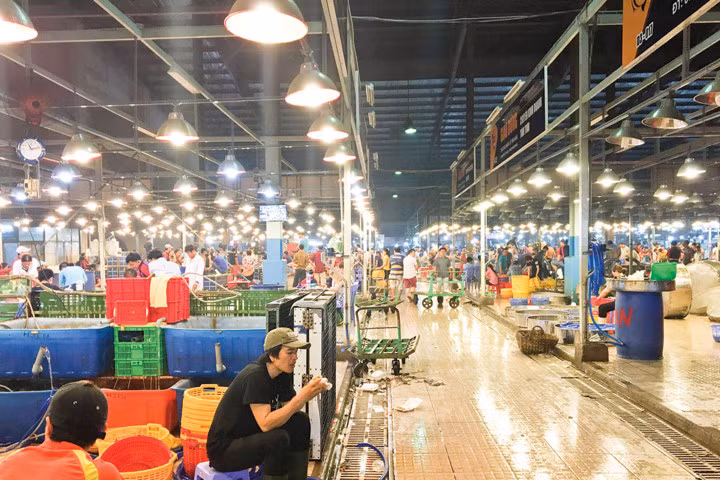 Ánh điện sáng choang, nhộn nhịp tại lồng D, chợ nông sản thực phẩm Bình Điền (Quận 8)