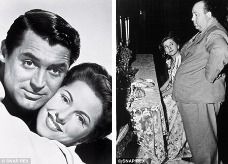 Joan Fontaine bên nam diễn viên Cary Grant trong phim “Suspicion” (trái) và bên đạo diễn Alfred Hitchcock (phải).