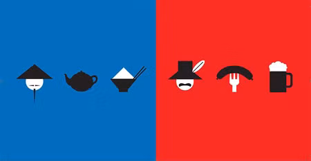 Đông Tây trong mắt nhau: Trong mắt người phương Tây, người phương Đông đặc trưng với nón lá, thích uống trà và ăn cơm. Người phương Đông ấn tượng với người phương Tây vì mũ nồi cao, xúc xích và bia.