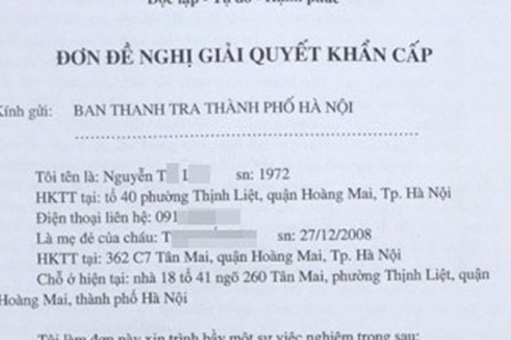 Đơn kêu cứu của gia đình cháu bé.