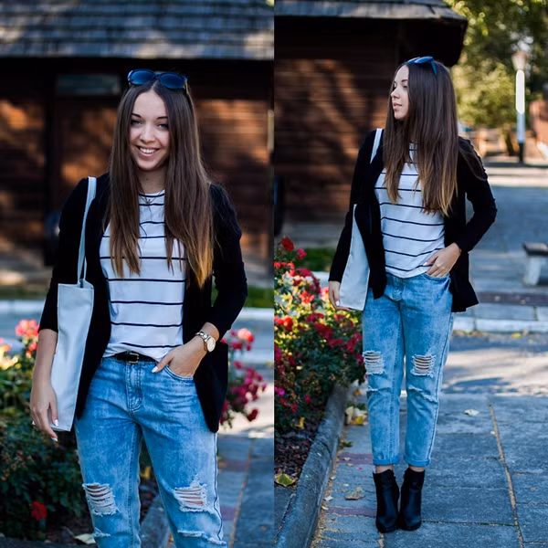 Jeans boyfriend đi kèm áo thun kẻ, áo khoác đen cá tính và bốt cổ ngắn tạo cho tín đồ thời trang trẻ Gabriela Grebska một set đồ đơn giản, tiện lợi mà cực "chất". style-cua-cac-blogger-trong-gio-lanh-dau-mua-10