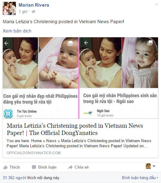 Marian Rivera vui sướng khi hình ảnh con gái lên báo Việt Nam