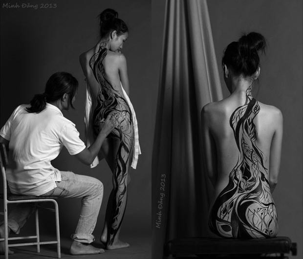 Trong vẽ body painting, theo Thy na, phải "cởi" hết thì tác phẩm mới hoàn thiện. Trong vẽ body painting, theo Thy na, phải