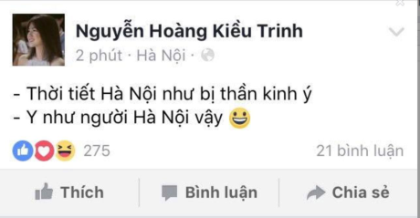 Kiều Trinh bị dân mạng phản ứng dữ dội vì viết status bóng gió xúc phạm người Hà Nội - Ảnh 1 Kieu Trinh bi dan mang phan ung du doi vi viet status bong gio xuc pham nguoi Ha Noi - Anh 1