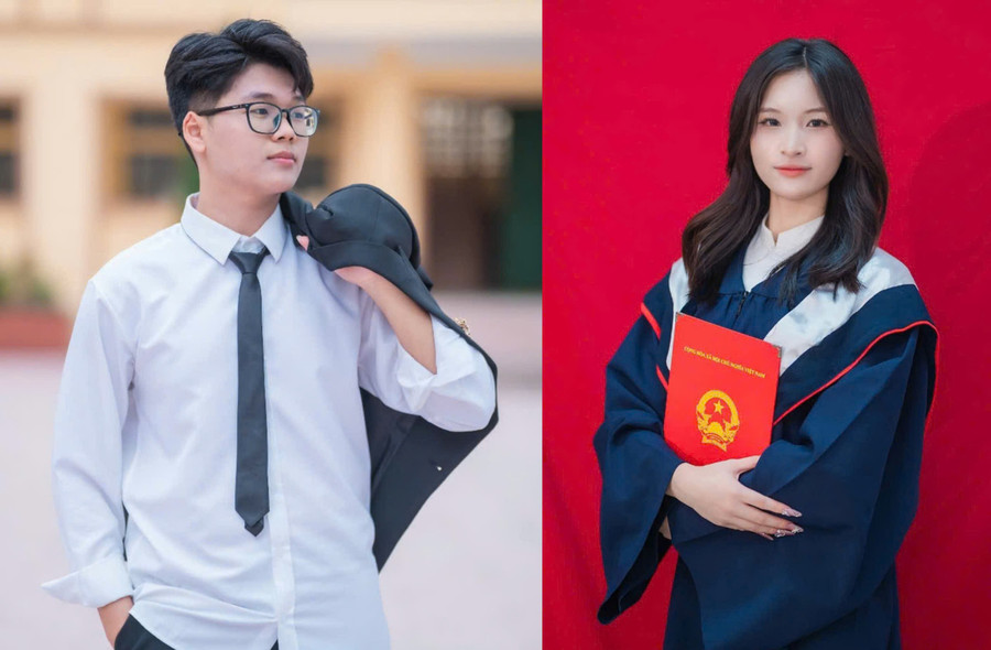 Hai em Đinh Tiến Đạt và Đào Thị Mỹ Tâm- học sinh lớp 12A1, Trường THPT Lưu Hoàng đạt tổng điểm khối A01 từ 25,25 trở lên. Ảnh: NTCC.