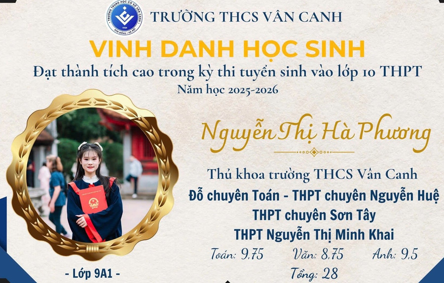 Nguyễn Thị Hà Phương - nữ sinh đỗ vào lớp 10 với tổng điểm 28, cao nhất Trường THCS Vân Canh. Ảnh: NTCC.