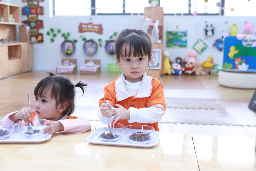 Trẻ ở lớp Nhà trẻ D4 tham gia vận động tinh bằng việc chuyển hạt bằng thìa.