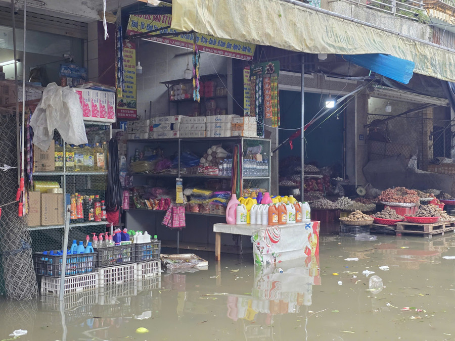 Không chỉ riêng gia đình bà Lan, hàng nghìn tiểu thương khác tại chợ Vinh cũng đang lâm vào cảnh tương tự. Nhiều gian hàng bán nông sản, thực phẩm, giày dép... bị nước nhấn chìm. cho-vinh-12.jpg