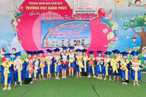 Các bé trong buổi chia tay cô giáo để chuẩn bị bước sang môi trường học tập mới.