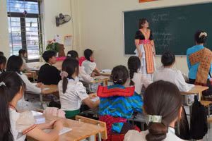 Giảng viên từ Trường Đại học Sư phạm Quốc gia Herzen (Liên bang Nga) hướng dẫn học sinh trong tiết học đầu tiên.