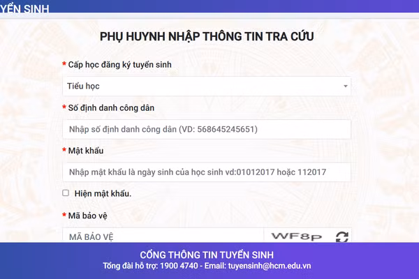 Cổng thông tin tuyển sinh đầu cấp của Sở GD&ĐT TPHCM. Ảnh: CHỤP MÀN HÌNH.
