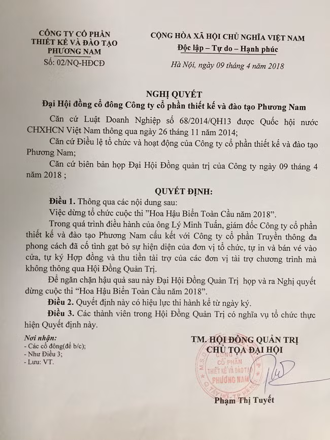 Nghị quyết dừng cuộc thi của Đại hội đồng cổ đông công ty Phương Nam