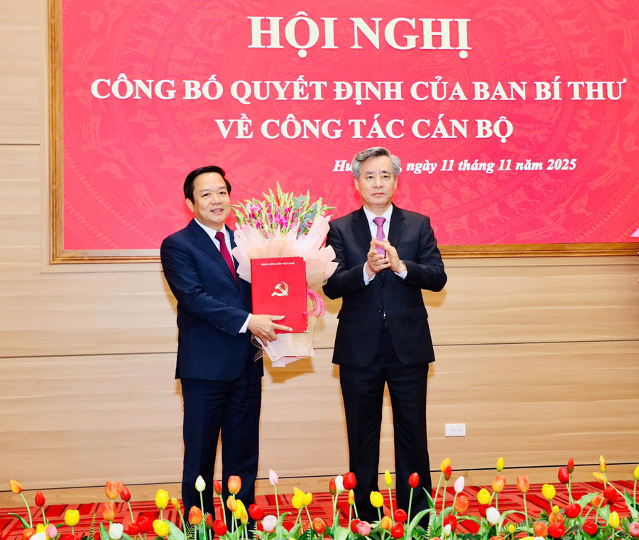 Phó Trưởng Ban Tổ chức Trung ương Nguyễn Quang Dương trao quyết định cho ông Phạm Quang Ngọc. (ảnh MT)