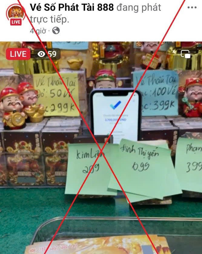 Một số trang Facebook livestream bán vé số cào trực tiếp và trả thưởng ngay. Ảnh: Công an tỉnh Hưng Yên.