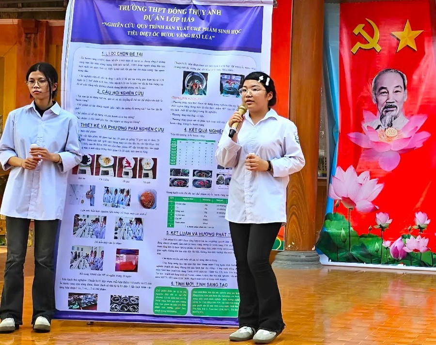 Học sinh Trường THPT Đông Thuỵ Anh trình bày dự án “Quy trình sản xuất chế phẩm sinh học tiêu diệt ốc biêu vàng hại lúa”. Ảnh NTCC dong-thuy-anh.jpg