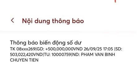 Ảnh chụp màn hình giao dịch số tiền 500 triệu đồng tài khoản của một người tên PHAM VAN BINH chuyển nhầm. anh-chup-man-hinh-giao-dich-so-tien-500-trieu-dong-nguoi-khac-chuyen-nham.jpg