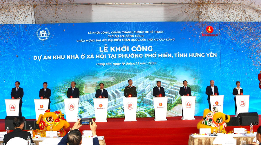 Lãnh đạo Trung ương, lãnh đạo tỉnh Hưng Yên thực hiện nghi thức khởi công dự án Khu nhà ở xã hội tại phường Phố Hiến.