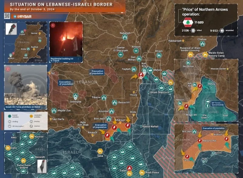 Bản đồ xung đột biên giới Israel-Hezbollah ngày 5/10. (Ảnh: Rybar)