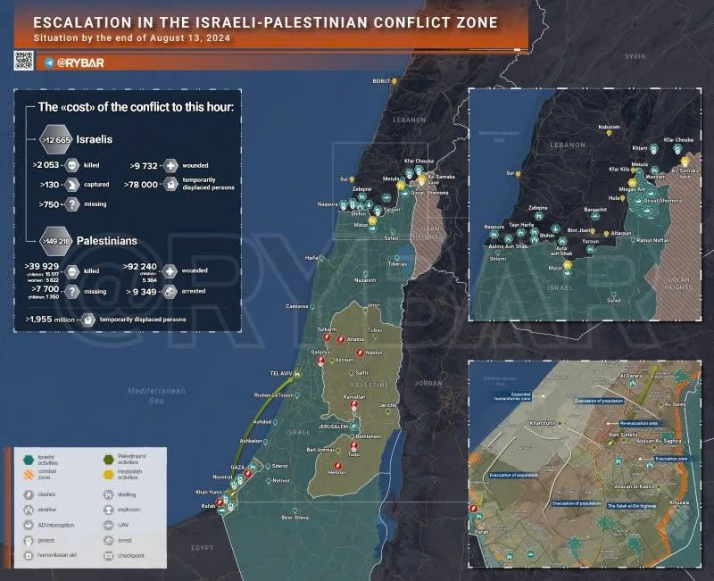 Bản đồ xung đột Israel - Hamas ngày 13/8. (Ảnh: Rybar)