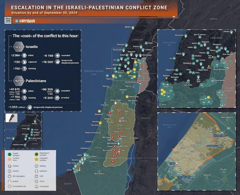 Bản đồ xung đột Israel-Hamas ngày 30/9. (Ảnh: Rybar)