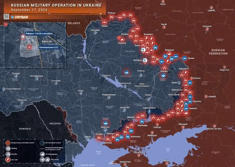 Bản đồ chiến sự Ukraine ngày 17/9. (Ảnh: Rybar)