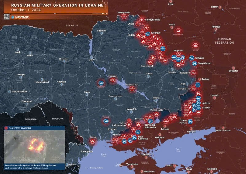 Bản đồ chiến sự Ukraine ngày 1/10. (Ảnh: Rybar)