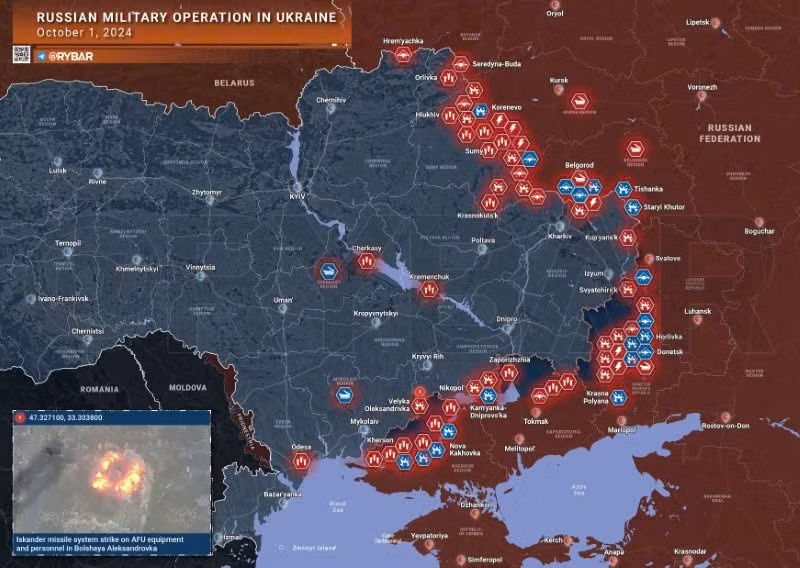 Bản đồ chiến sự Ukraine ngày 1/10. (Ảnh: Rybar)