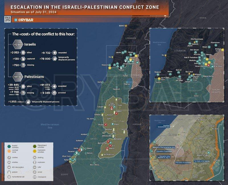 Bản đồ xung đột Israel - Hamas ngày 31/7. (Ảnh: Rybar).