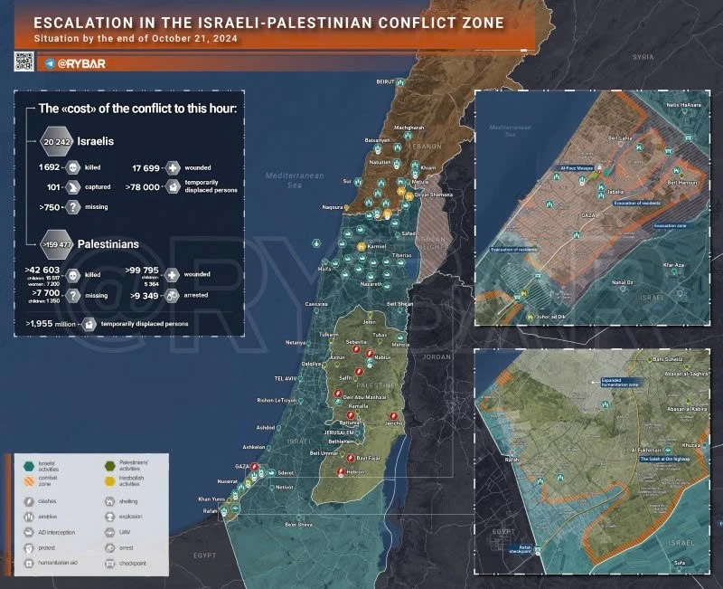 Bản đồ xung đột Israel-Hamas ngày 21/10. (Ảnh: Rybar)