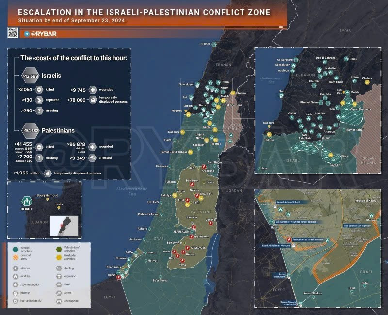 Bản đồ xung đột Israel - Hamas ngày 23/9. (Ảnh: Rybar)