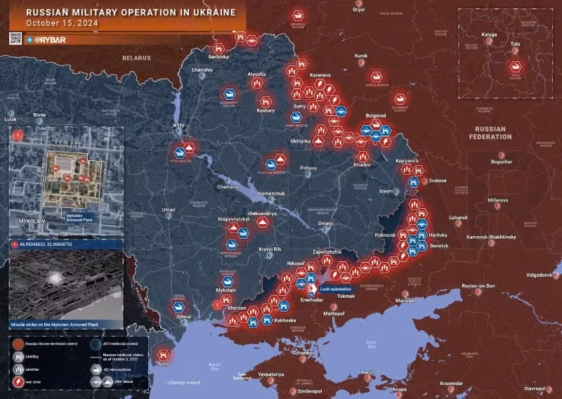 Bản đồ chiến sự Ukraine ngày 15/10. (Ảnh: Rybar)