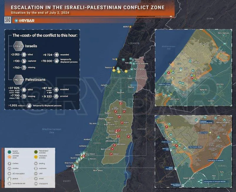 Bản đồ xung đột Israel - Hamas ngày 2/7. (Ảnh: Rybar)