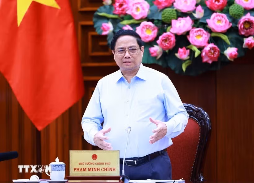 Thủ tướng Phạm Minh Chính chủ trì cuộc họp của Thường trực Chính phủ về chủ trương đầu tư Dự án Đường sắt tốc độ cao trên trục Bắc-Nam. (Ảnh: Dương Giang/TTXVN) 