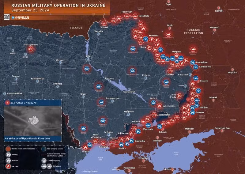 Bản đồ chiến sự Ukraine ngày 25/9. (Ảnh: Rybar)