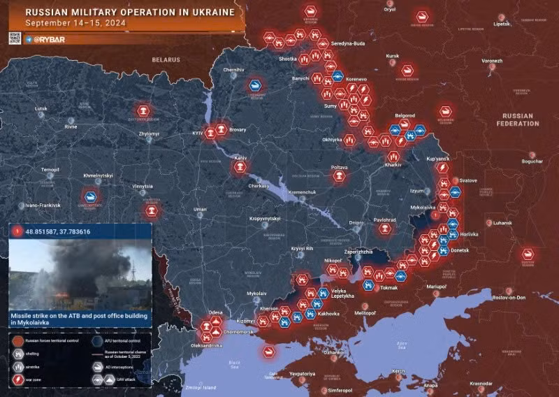 Bản đồ chiến sự Ukraine ngày 14-15/9. (Ảnh: Rybar)