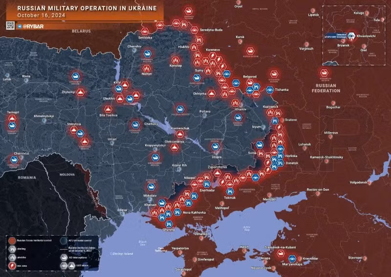Bản đồ chiến sự Ukraine ngày 16/10. (Ảnh: Rybar)