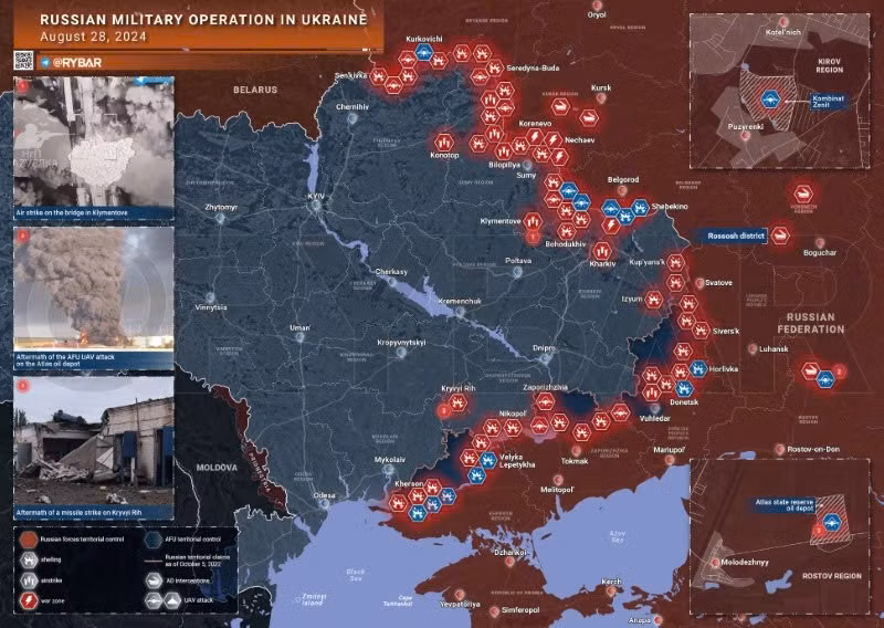 Bản đồ chiến sự Ukraine ngày 28/8. (Ảnh: Rybar)