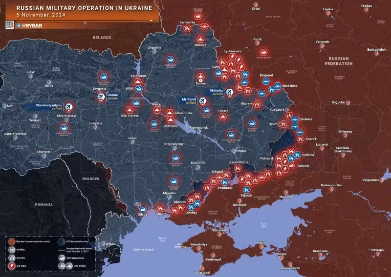 Bản đồ chiến sự Ukraine ngày 5/11. (Ảnh: Rybar)