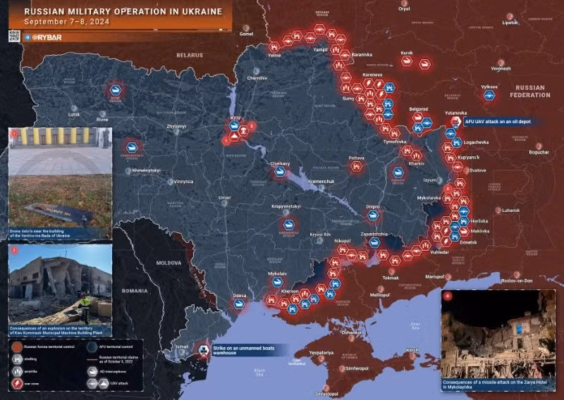Bản đồ chiến sự Ukraine ngày 7-8/9. (Ảnh: Rybar)