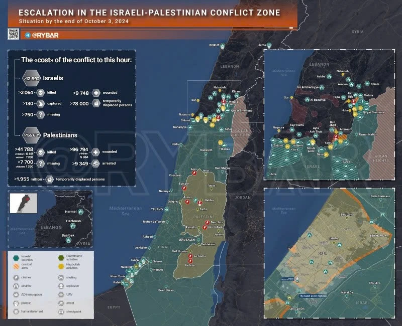 Bản đồ xung đột Israel-Hamas ngày 3/10. (Ảnh: Rybar)