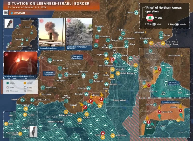 Bản đồ xung đột biên giới Israel-Hezbollah ngày 5-6/10. (Ảnh: Rybar)