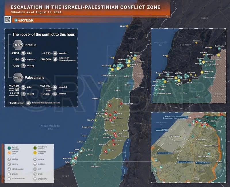 Bản đồ xung đột Israel - Hamas ngày 19/8. (Ảnh: Rybar)